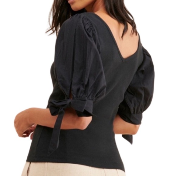Anthropologie Maeve Black Puff Sleeve V Neck Tie Cuff Knit Top Womens Large - Picture 2 of 16